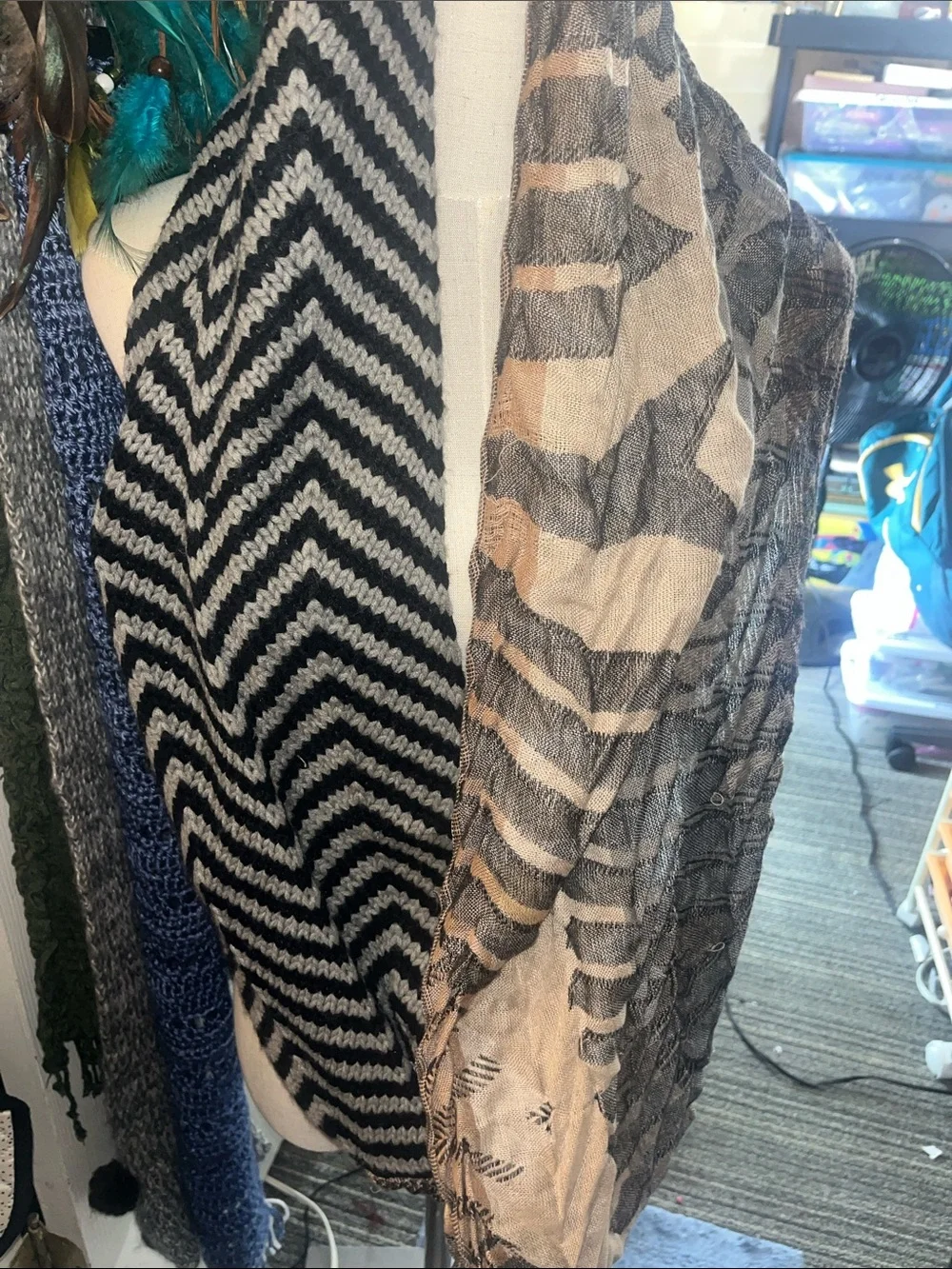 Neutral Black and Tan Patterned Infinity Scarf -S196